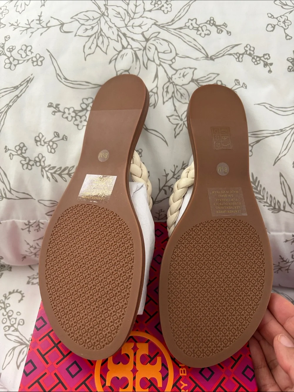 Tory Burch Ivory Braided Thong Sandals with Logo Medallion